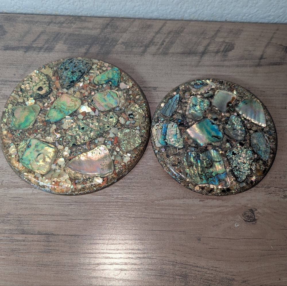Plympton's Genuine Abalone Shell  Round Lucite Resin Trivet Hot Plates